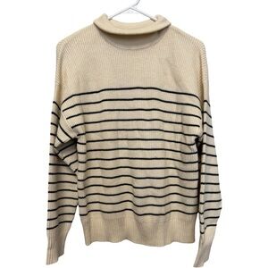 Elegant Cream and Olive Striped Women's Turtleneck Sweater